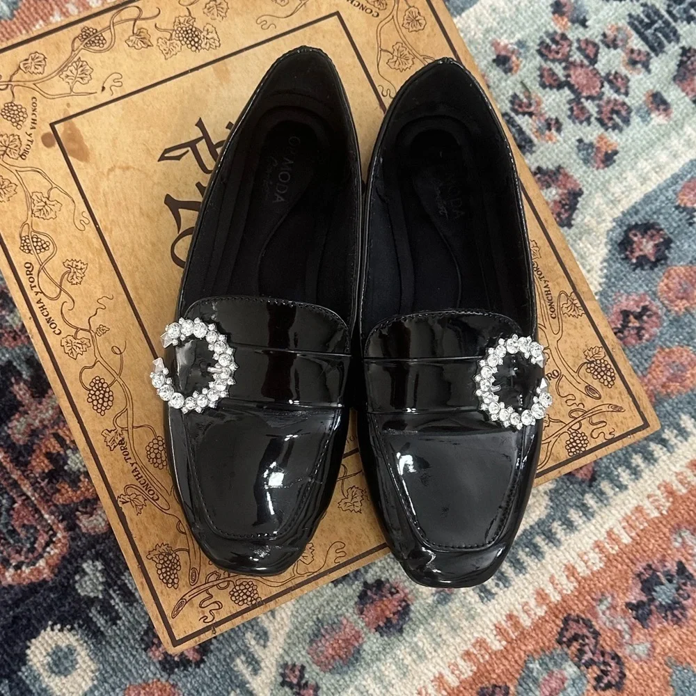 Top Moda Women’s Black Patent Crystal-Embellished Women's Loafers Size 7.5